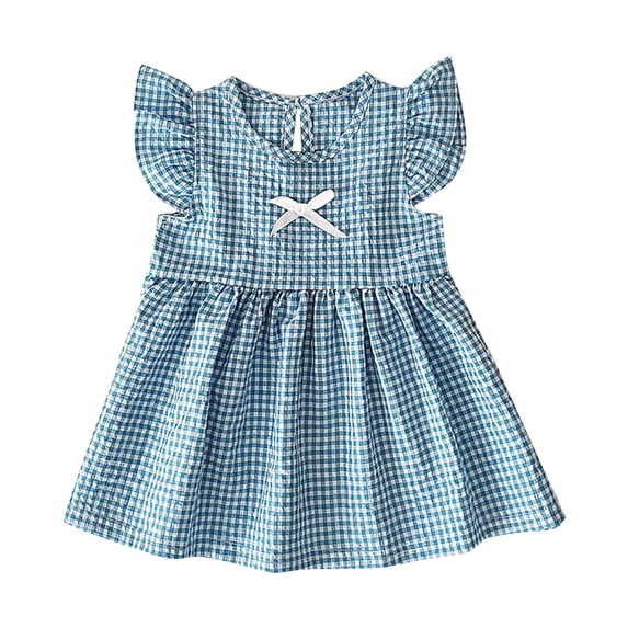 Girls Spring Dress Infant Summer Fly Sleeve Plaid Pattern Bowknot Casual Dress Girls Dresses Blue 3-4 Years