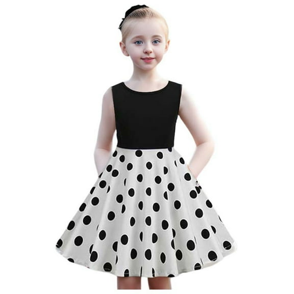 Girls Spring Dress Kids Round Neck Sleeveless Polka Dot Vintage Princess Dress Girls' Dresses White 5-6Years