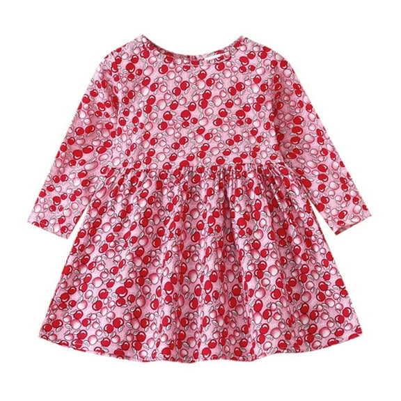 Girls Spring Dress Long Sleeve Full Apples Print Casual Spring Fall Shirt Dress Girl Dresses Pink 2-3Years