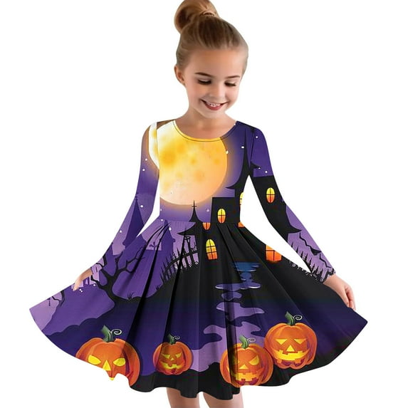Girls Spring Dress Long Sleeve Round-Neck Dress 4-14 Years Children and Girls' Halloween Printed Princess Dress Long Sleeved Round Neck Dress Multicolor 140