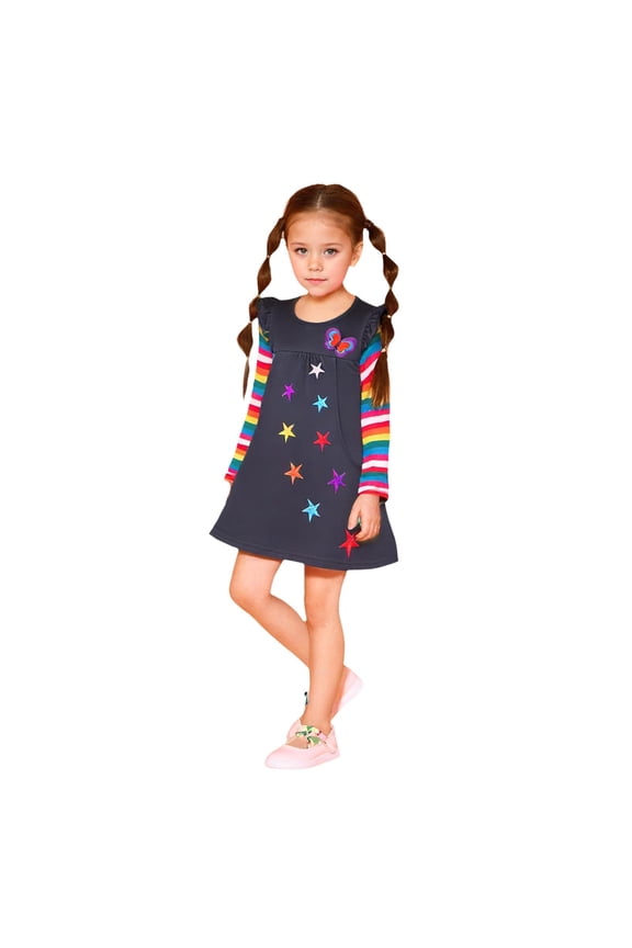 Girls Spring Dress Long Sleeve Star Embroidered Rainbow 2 Pocket Clothes