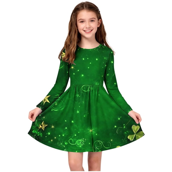 Girls Spring Dress Long Sleeve Swing Skater Dress Cute Outfits for Party Casual St. Patrick's Day Outfit Army Green 4-5 Years