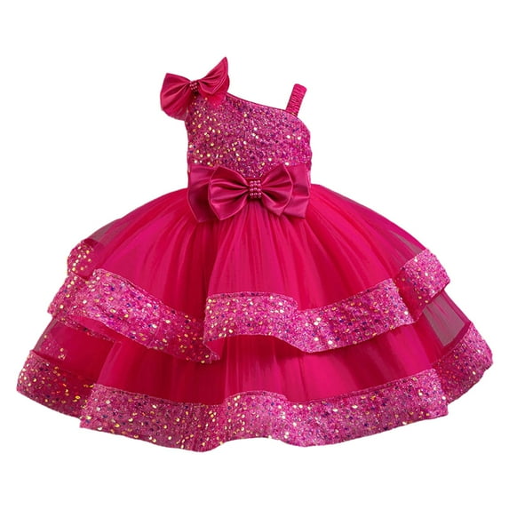 Girls Spring Dress Party Performance Stylish Sleeveless Sequin Mesh Princess Dress Dresses for Girls Hot Pink 3-4Years