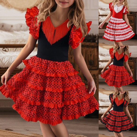Girls Spring Dress Preppy Ruffled Hem Spanish Style Ballet Dance Dress for Kids Girls Performance Ready Lightweight Recital Outfit RD1 XXL