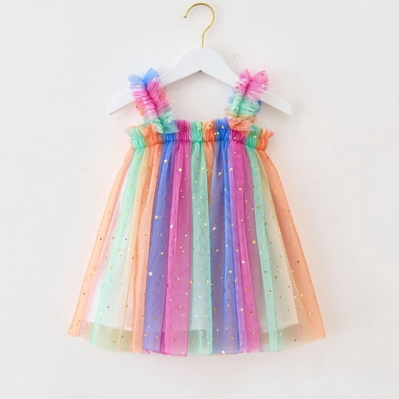 Girls Spring Dress Sleeveless Star Moon Sequin Dance Party Clothes Soft Summer Outfit for Toddler