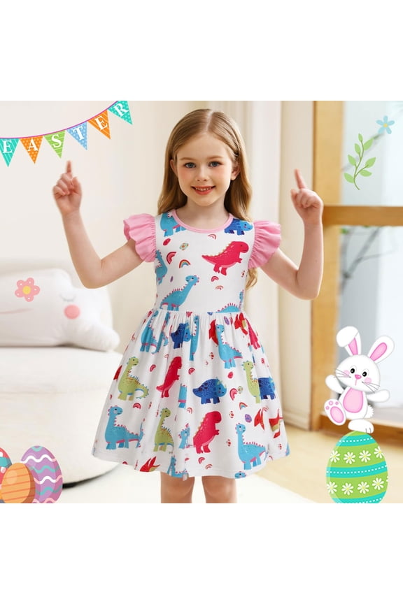Girls Spring Dress Toddler Happy Easter Day Flutter Sleeve Party School Clothes Kids Casual Summer Holiday Dresses