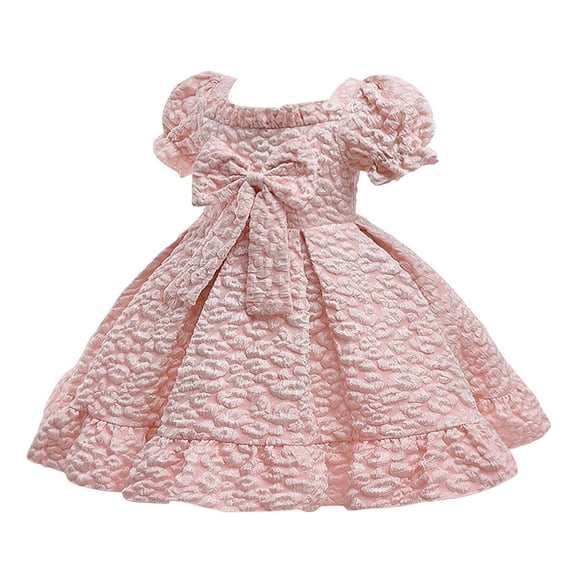 Girls Spring Dresses Baby Bow Puff Sleeve Princess Dress Short Sleeve Princess Dress Dress Girls Pink 12 Months-18 Months