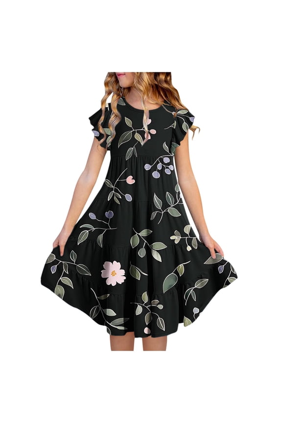 Girls Spring Easter Dress Long Midi Floral Print Dress Cute Flowy A-Line Dress for Youth Girls Size 4-15 Years