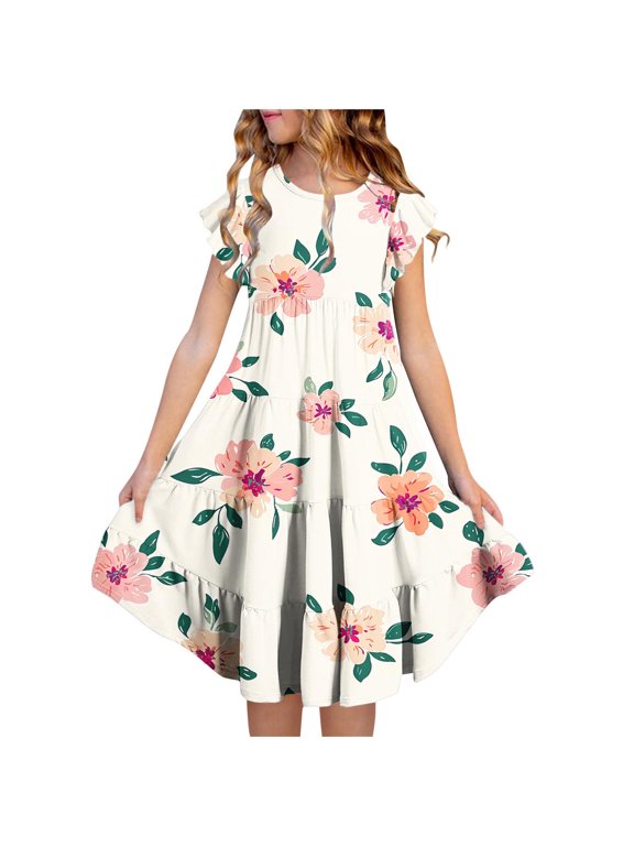 Girls Spring Easter Dress Long Midi Floral Print Dress Cute Flowy A-Line Dress for Youth Girls Size 4-15 Years