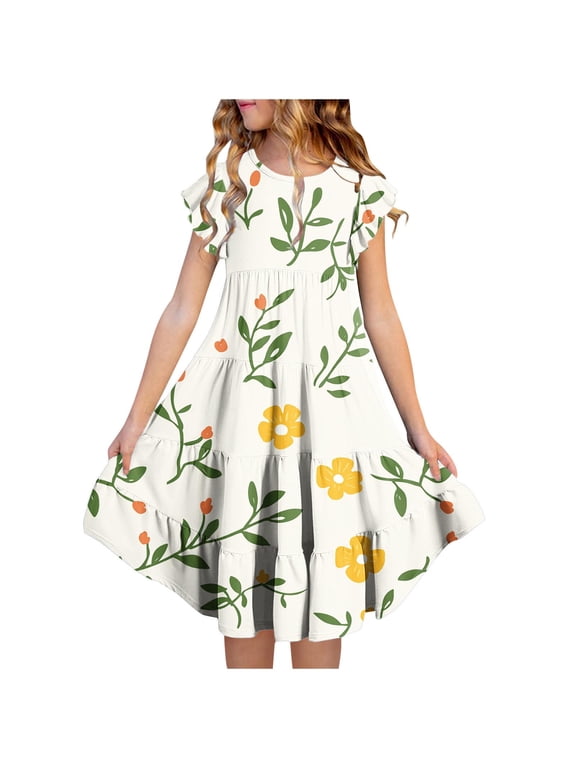 Girls Spring Easter Dress Long Midi Floral Print Dress Cute Flowy A-Line Dress for Youth Girls Size 4-15 Years