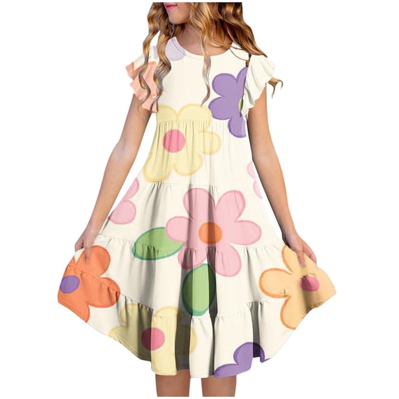 Girls Spring Easter Dress Long Midi Floral Print Dress Cute Flowy A-Line Dress for Youth Girls Size 4-15 Years