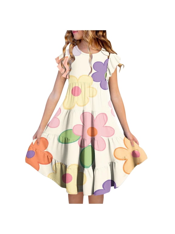 Girls Spring Easter Dress Long Midi Floral Print Dress Cute Flowy A-Line Dress for Youth Girls Size 4-15 Years