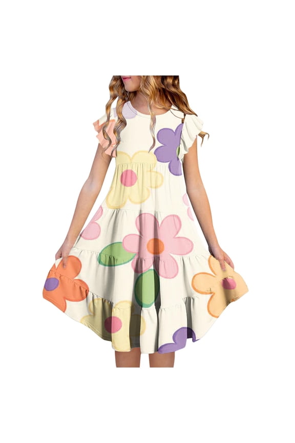 Girls Spring Easter Dress Long Midi Floral Print Dress Cute Flowy A-Line Dress for Youth Girls Size 4-15 Years