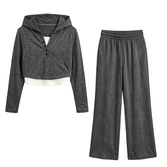 Girls Spring Fall 2 Piece Tracksuit Set Hooded Long Sleeve Top with Wide Leg Pants for Kids Ages 1-14, Casual Outfit Dark Gray