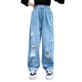 thumbnail image 1 of Girls' Spring Fall Denim Pants With Distressed Rips Kids' Dad Style Wide Leg Trousers Blue 14 Y-15 Y, 1 of 7