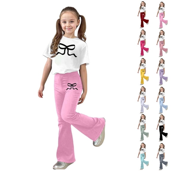 Girls Spring Outfits 2 Piece Sets Bow Print Outfit Short Sleeve Graphic Tees Shirt and Flare Pants Cozy Clothes Light Green