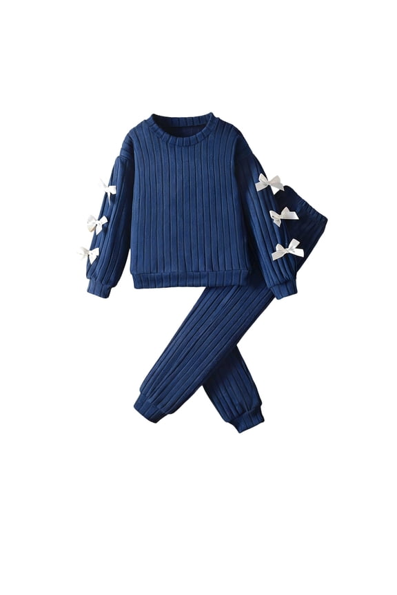 Girls' Spring Outfits 2 Piece Sweater Sets Ribbed Knit Fall Crewneck Bowknots Cute Sweatshirt and Jogger Pants (9-10 Years, Blue)