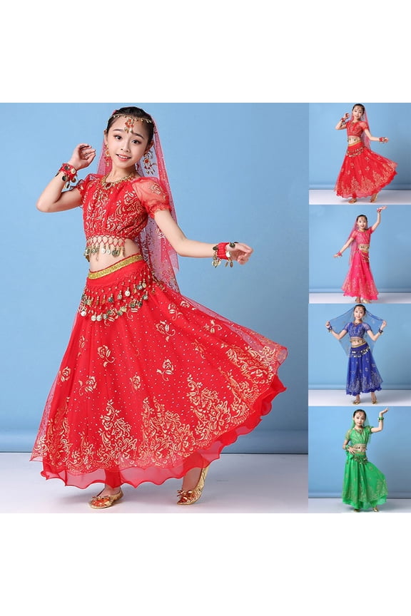 Girls Spring Outfits Belly Dance Performance Set with Top Waist Chain Skirt Headpiece Scarf Baby Girl Clothes Hot Pink 5-7 Years