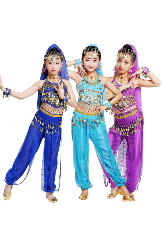 Girls Spring Outfits Belly Dance Set with Top Pants Waist Chain Veil and Wristbands 5Pc Toddler Girl Clothes Hot Pink 5-6 Years