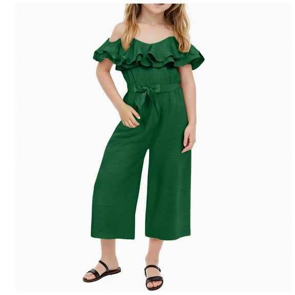 Girls Spring Outfits Kids Jumper Girls Jumpsuit Kids Fashion Spaghetti Strap Off the Shoulder Belted Wide Leg Romper One Piece Summer Outfits Green 9-10 Years