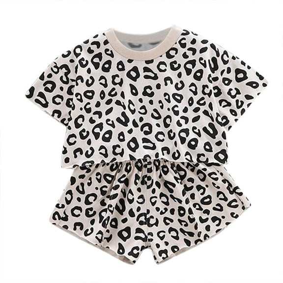 Girls Spring Outfits Leopard Print Summer T Shirt Shorts Casual Set Girls Clothes Beige 2-3 Years