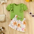 thumbnail image 1 of Girls Spring Outfits Puff Sleeve Ribbed Pullover Tops And Floral Bowkont Shorts Causal 2Pcs Baby Clothes Green 9 Months-12 Months, 1 of 6