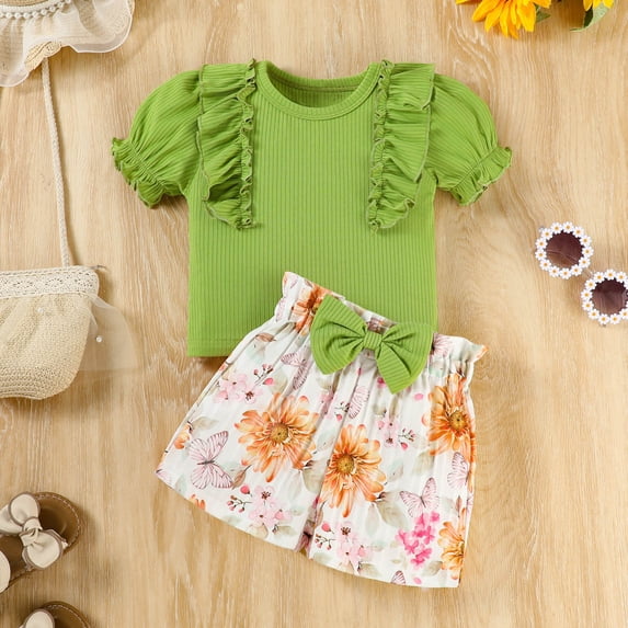 Girls Spring Outfits Puff Sleeve Ribbed Pullover Tops And Floral Bowkont Shorts Causal 2Pcs Baby Clothes Green 9 Months-12 Months