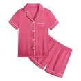 thumbnail image 1 of Girls Spring Outfits Short Sleeve Solid Pocket Lapel Shirt Tops Shorts Pajamas Set Baby Girl Clothes Hot Pink 8-9 Years, 1 of 4