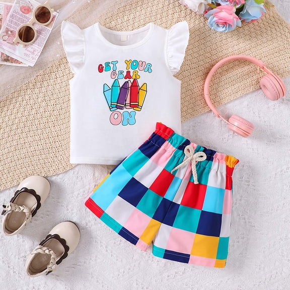 Girls Spring Outfits Spring Summer Cartoon Crayon Print Top and Checkered Shorts Set for Girl Clothes White 4-5 Years