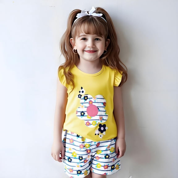 Girls Spring Outfits Summer Cartoon Fly Sleeve Top with Floral Embroidery and Plaid Shorts Set Girl Clothes Yellow 12-18 Months