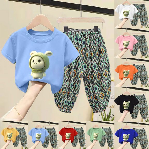 Girls Spring Outfits Summer Cute Print Short Sleeve Top with Floral Pants Casual Set Girls Clothes Black 2-3 Years