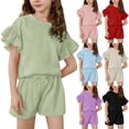 thumbnail image 1 of Girls Spring Outfits Summer Solid Round Neck Short Sleeve Top with Shorts Elastic Waist Set Girls' Clothing Sets Purple 14-15T, 1 of 9