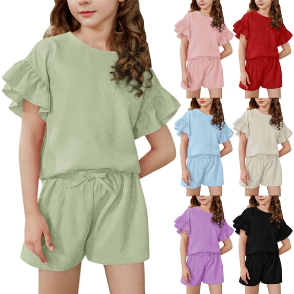 Girls Spring Outfits Summer Solid Round Neck Short Sleeve Top with Shorts Elastic Waist Set Girls' Clothing Sets Purple 14-15T