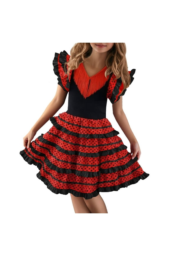 Girls Spring Summer Floral Dress Spanish Dance Dress Dance Dress Ballet Dress For Flowy Dresses 6-7 Years
