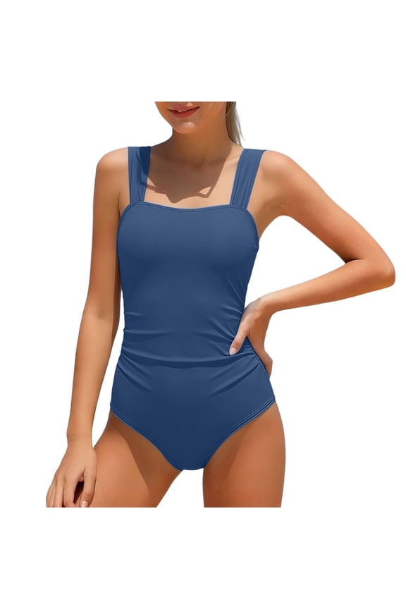 Girls Square Neck One Piece Swimsuit, Solid Color with Adjustable Wide Straps Tummy Control, Classic Retro Bathing Suit for Kids Beach Pool(Navy,15-16Years)