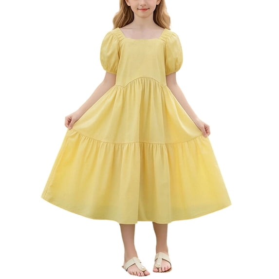 Girls Square Neck Puff Sleeve Tiered Ruffle Midi Dress 100% Cotton Tween Summer Yellow Birthday Party Dress,Size 11 T
