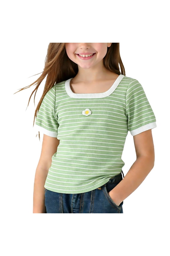 Girls Square Neck Striped T-Shirt with 3D Fried Egg Applique Kids Little Girl Ribbed Knit Cotton Tee Green Top 1PC,Size 6-7T