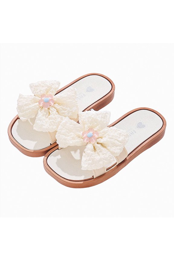 Girls Square Open Toe Flat Slide Sandals Flower Pearl Metallic Decor Cute Dressy Style Summer Casual Outdoor Beach Non-Slip Comfort Shoes Gibobby,11.5,White