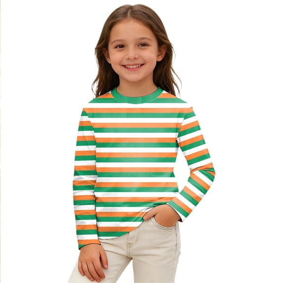 Girls St Patrick Day Shirts Striped Long Sleeve Color Block Crew Neck Tee Tops Holiday Trendy Casual Relaxed Fit Blouses
