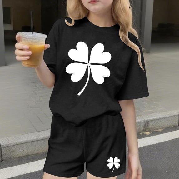 Girls St. Patrick's Day 2 Piece Outfit Short Sleeve Printed Round Neck T-Shirt and Shorts Sets Black 6-7 Years