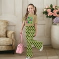 thumbnail image 1 of Girls St. Patrick’s Day Clover Print 2-Piece Summer Outfit – Short Sleeve Top & Flared Pants Set (7-13 Years), 1 of 3