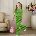 thumbnail image 1 of Girls St. Patrick’s Day Clover Print 2-Piece Summer Outfit – Short Sleeve Top & Flared Pants Set (7-13 Years), 1 of 3