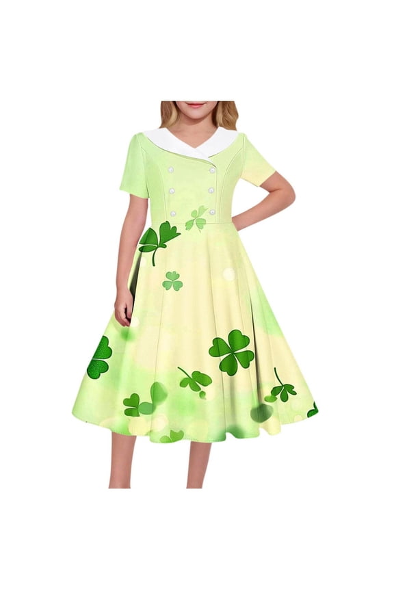 Girls St Patrick's Day Dress Clover Print Sailor Collar Fit & Flare Comfortable Polyester Spandex Spring Party Outfit Sizes 5-14 Green,Size 5-6 T