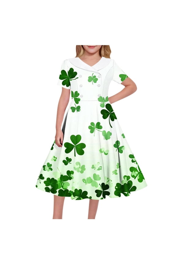 Girls St Patrick's Day Dress Shamrock Print Sailor Collar A-Line Kid's Party Outfit Comfort Stretch Green White Sizes 5-14 Years,Size 7-8 T