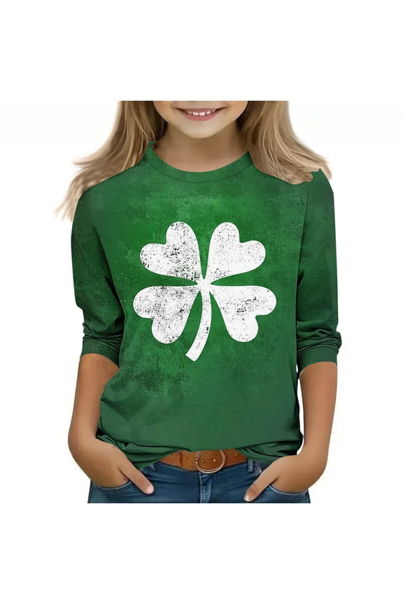 Girls St Patrick's Day Long Sleeve Shirt, Distressed Four Leaf Clover Graphic Tee, Soft Stretch Fit for Kids to Big Kid 3-13 Years,Size 7-8T