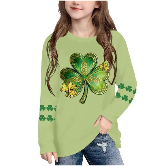 Girls St. Patrick's Day Long Sleeve Shirt Mint Green Shamrock Celtic Knot Gold Accents Asymmetrical Hem Casual Top Soft Irish Pride Kids Clothing,Size 3 T