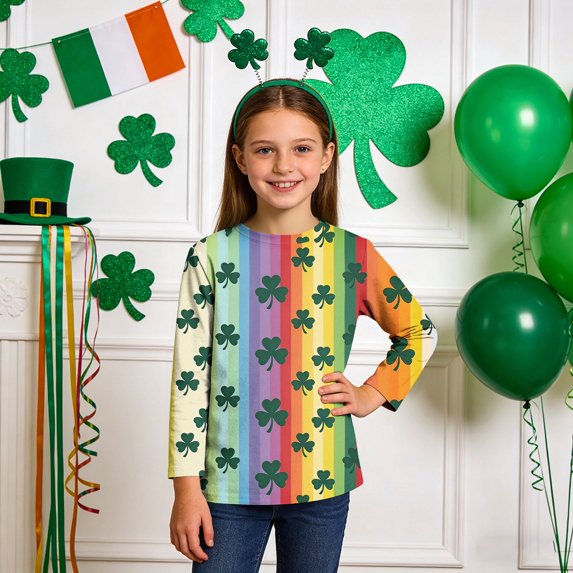 Girls St Patrick's Day Long Sleeve T-Shirt Green with Multicolor Glitter Shamrock Print, Soft Cotton Holiday Top for Kids,Size 4 T
