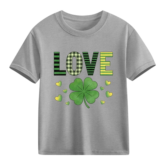 Girls St. Patrick's Day Shirt Gray Shamrock Love Kids T-Shirt 100% Cotton Short Sleeve Crewneck Top,Size 4 T