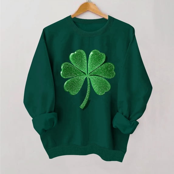 Girls St Patrick's Day Shirt Green Glitter Clover Print Soft Cotton Long Sleeve Relaxed Fit Top for Kids to Youth,Size 9-10T