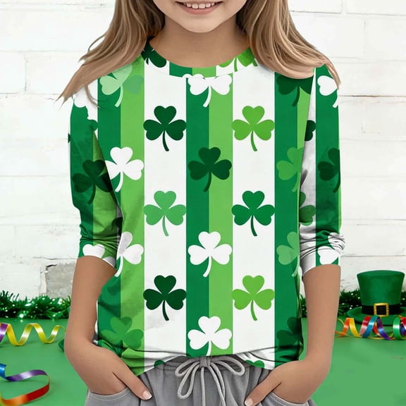 Girls St Patrick's Day Shirt Green Shamrock Print 3/4 Sleeve Lucky Crew Neck Top for Kids Kids Holiday Party,Size 9 T